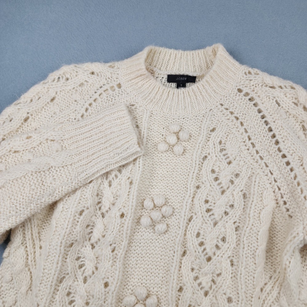 J Crew Sweater Womens Small White Cable Knit Floral Bobble Chunky Pullover fish